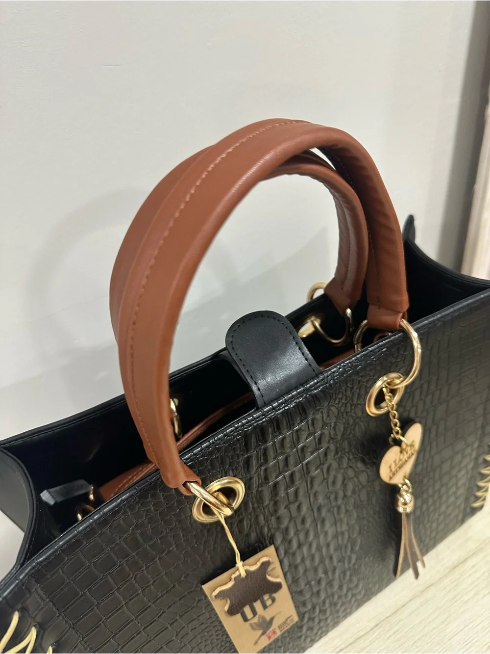 Black Croc-Embossed Mexican leather Tote with Brown Handles